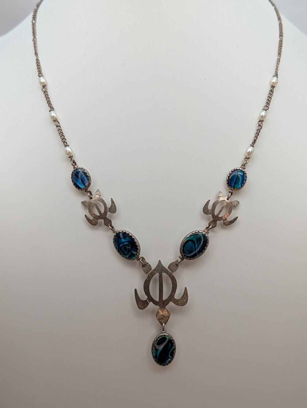 Handmade Artisan 925 Sterling Silver Abalone Pearl Sea Turtle Necklace